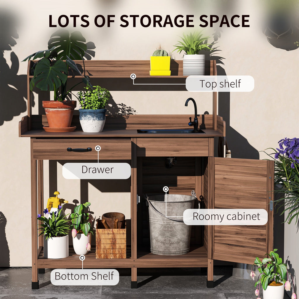 Garden Potting Table with Storage Cabinet, Removable Sink, Faucet and Drawer, Dark Brown