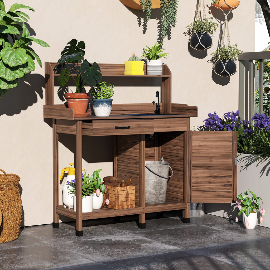 Garden Potting Table with Storage Cabinet, Removable Sink, Faucet and Drawer, Dark Brown