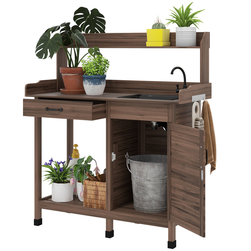 Garden Potting Table with Storage Cabinet, Removable Sink, Faucet and Drawer, Dark Brown