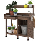 Garden Potting Table with Storage Cabinet, Removable Sink, Faucet and Drawer, Dark Brown