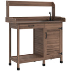 Garden Potting Table with Storage Cabinet, Removable Sink, Faucet and Drawer, Dark Brown