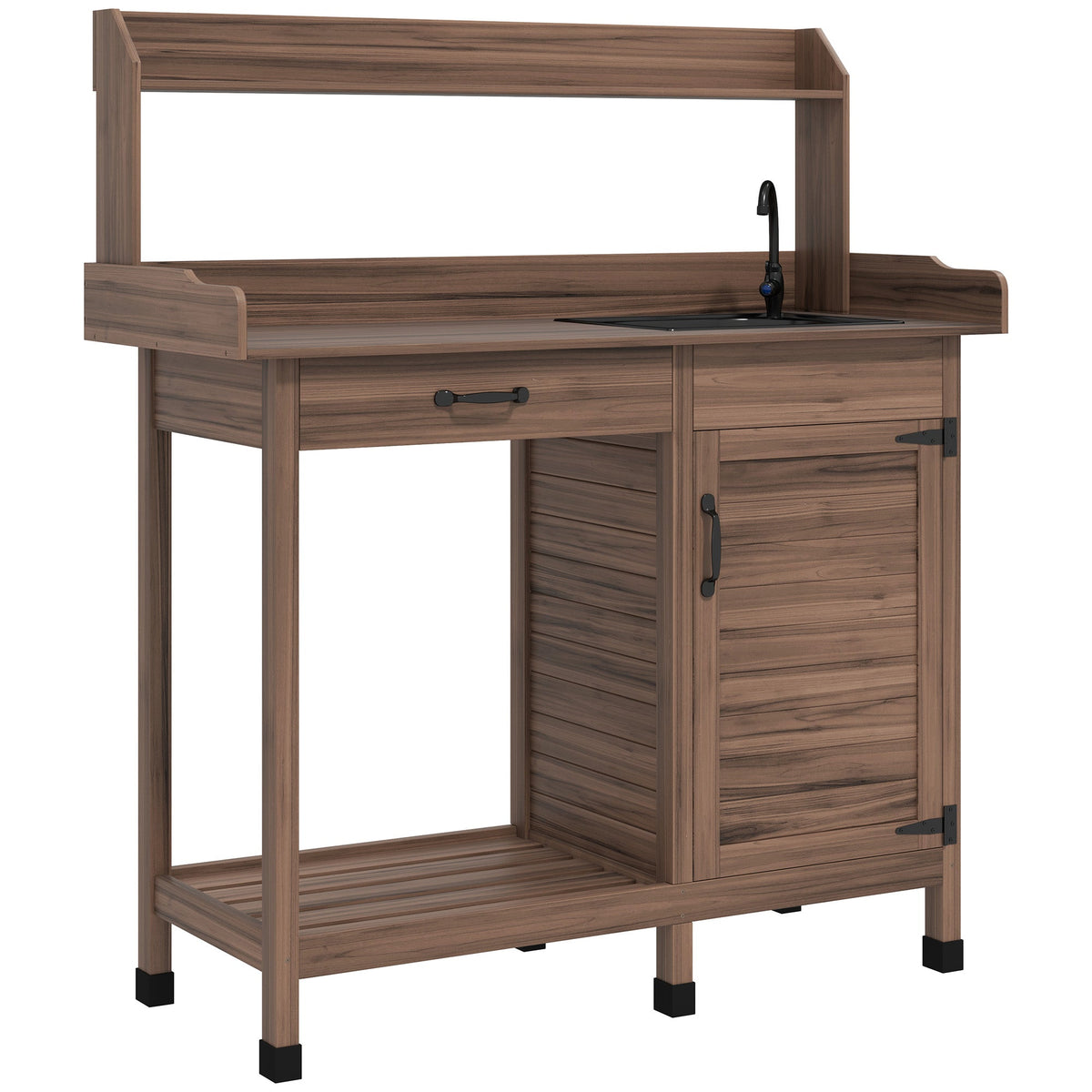 Garden Potting Table with Storage Cabinet, Removable Sink, Faucet and Drawer, Dark Brown