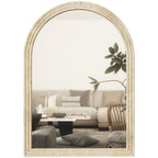 HOMCOM Arched Wall Mirror with Grooved Edge & Hooks, Wall-Mounted Mirror, Modern Tempered Glass & Polystyrene Beige