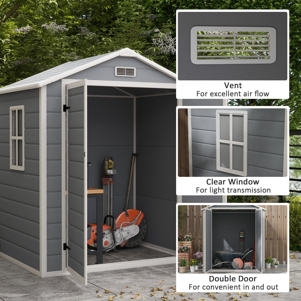 6' x 4.5' Plastic Outdoor Storage Shed with Window, Lockable Doors and Vents, Gray