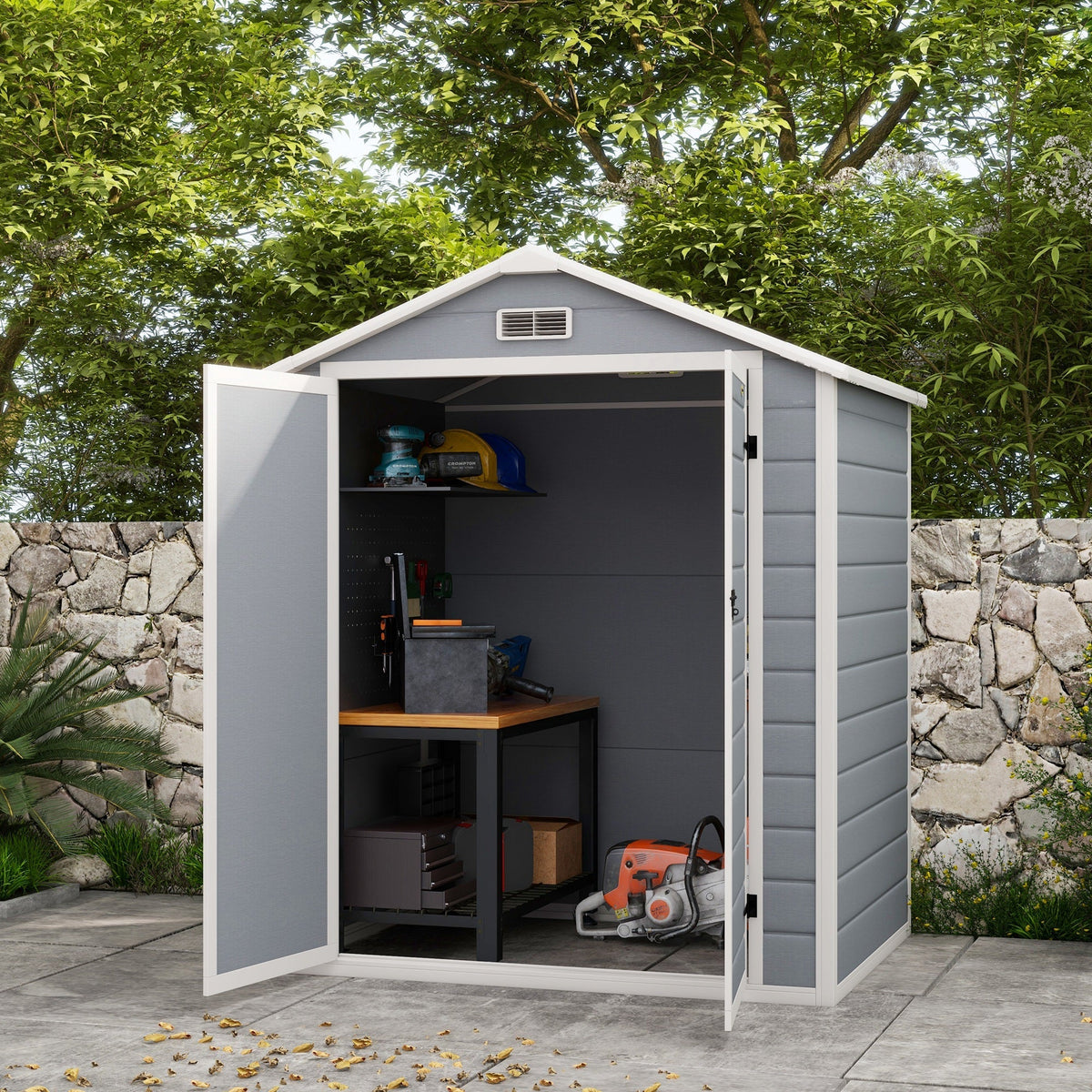 6' x 4.5' Plastic Outdoor Storage Shed with Window, Lockable Doors and Vents, Gray