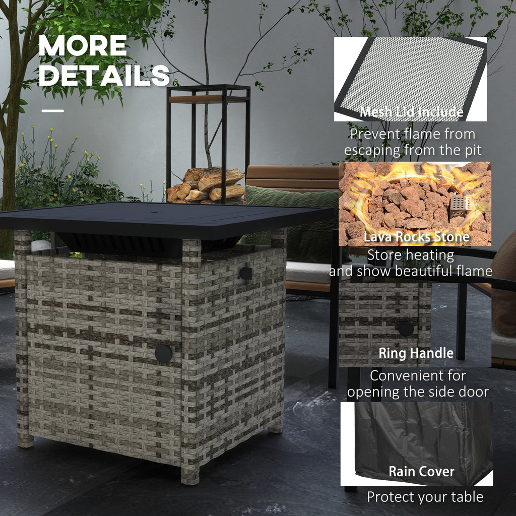 28.5" Outdoor 50,000 BTU Wicker Fire Table w/ Glass Wind Guard, Volcanic Rock, Grey