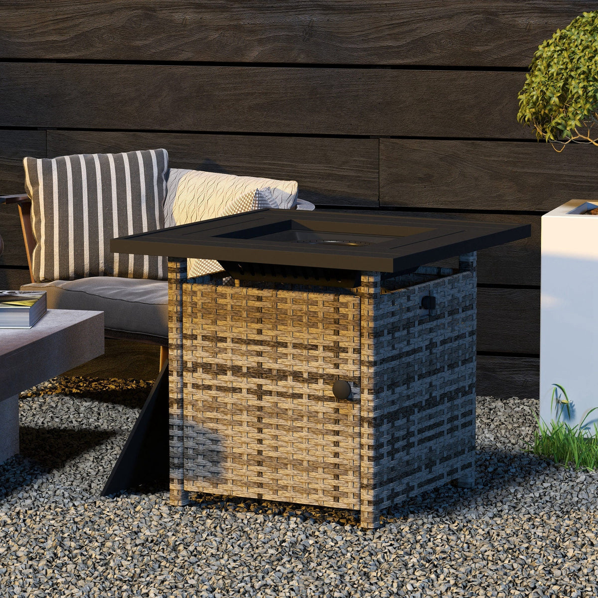 28.5" Outdoor 50,000 BTU Wicker Fire Table w/ Glass Wind Guard, Volcanic Rock, Grey
