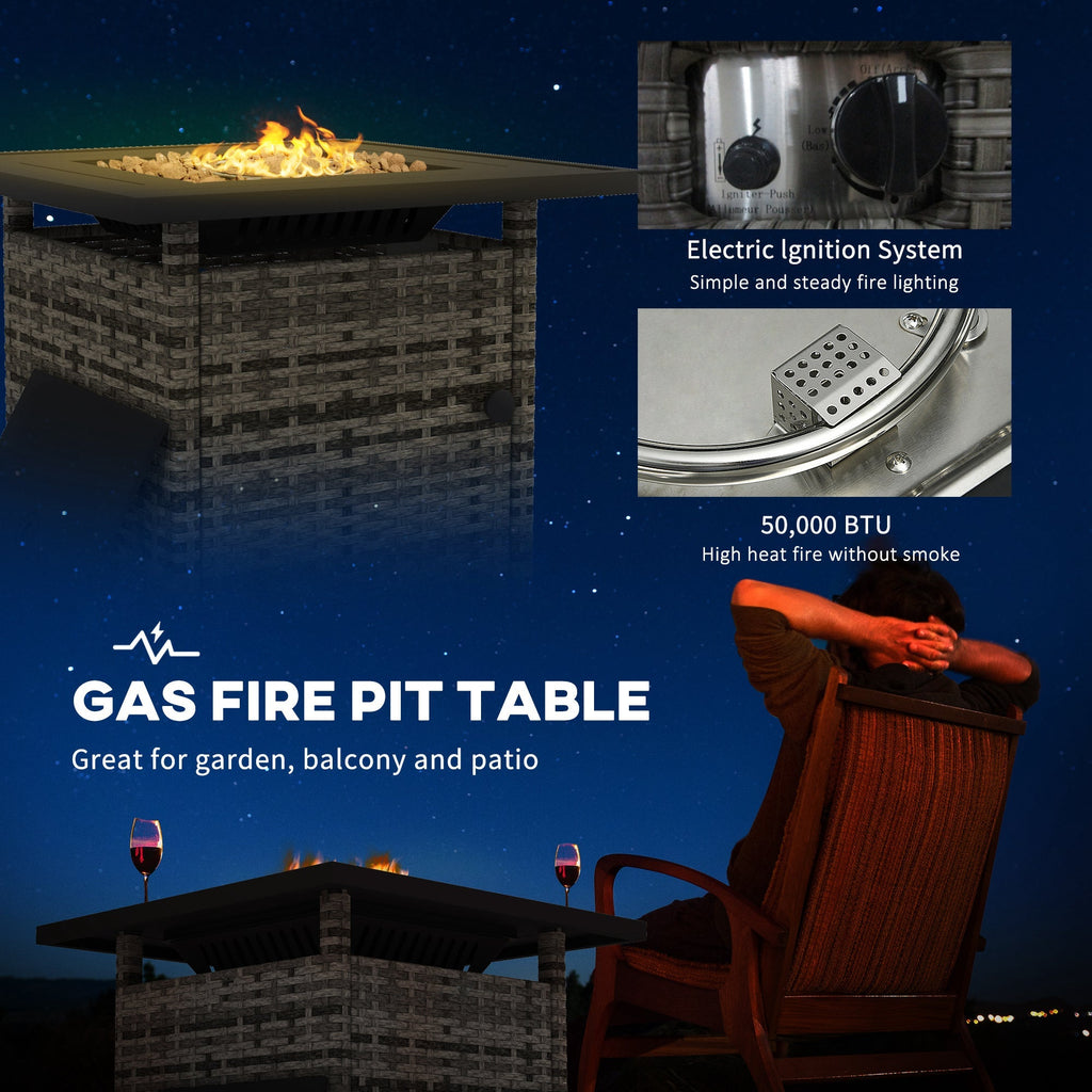 28.5" Outdoor 50,000 BTU Wicker Fire Table w/ Glass Wind Guard, Volcanic Rock, Grey