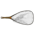 Fishpond Yampa Hand Net 2.0 with a textured brown handle and a large clear rubber mesh net, designed for fishing tackle and safely landing fish.