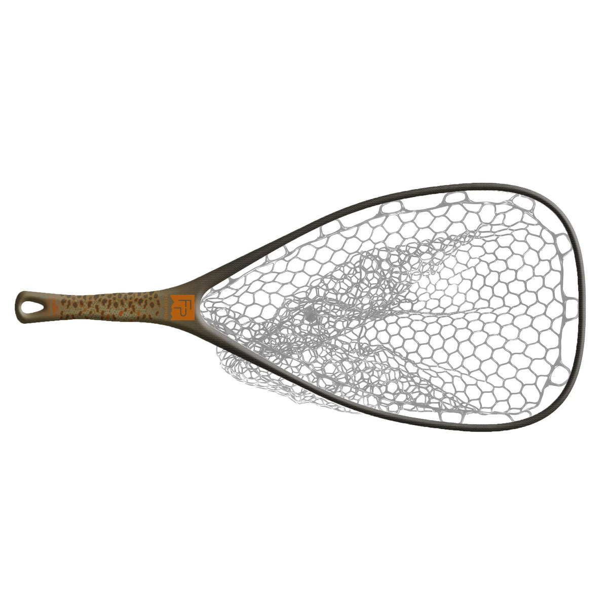 Fishpond Yampa Hand Net 2.0 with a textured brown handle and a large clear rubber mesh net, designed for fishing tackle and safely landing fish.