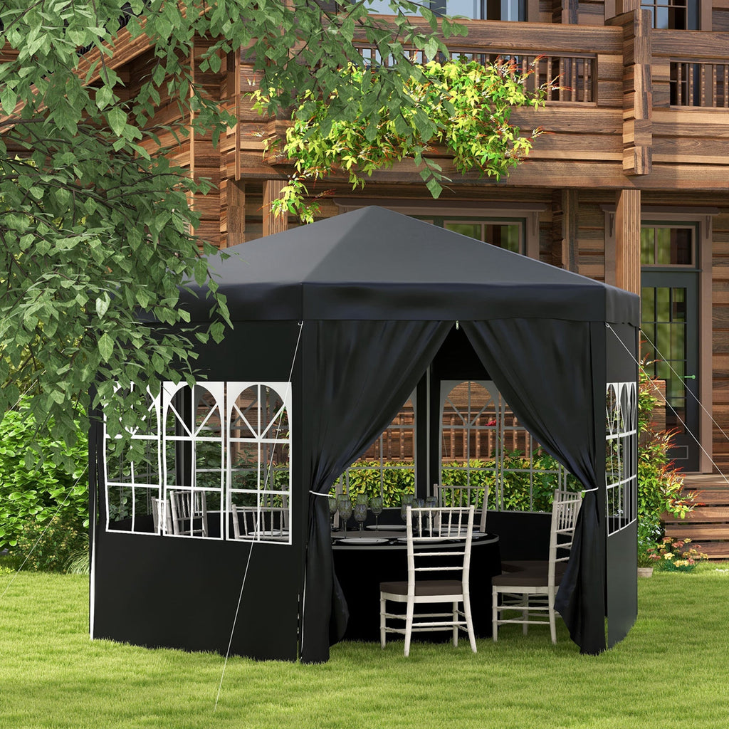 4m Hexagonal Canopy Party Tent with Windows & 6 Removable SideWalls for Outdoor Event, Black