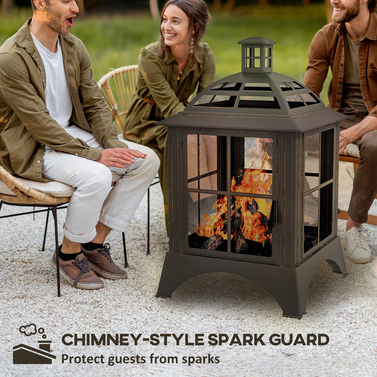 28" Fire Pit with Chimney Style, Outdoor Wood Burning Firepit w/ Spark Guard & Poker, Black