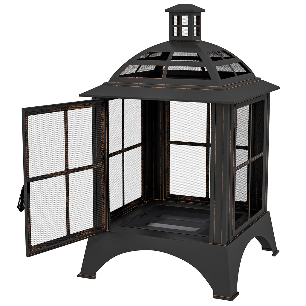 28" Fire Pit with Chimney Style, Outdoor Wood Burning Firepit w/ Spark Guard & Poker, Black