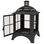 28" Fire Pit with Chimney Style, Outdoor Wood Burning Firepit w/ Spark Guard & Poker, Black