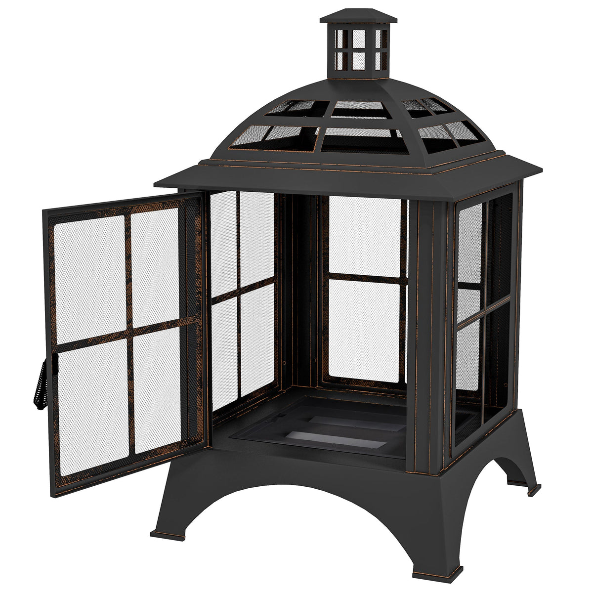 28" Fire Pit with Chimney Style, Outdoor Wood Burning Firepit w/ Spark Guard & Poker, Black