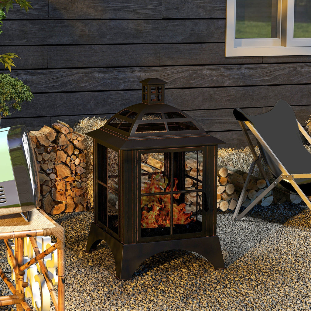 28" Fire Pit with Chimney Style, Outdoor Wood Burning Firepit w/ Spark Guard & Poker, Black
