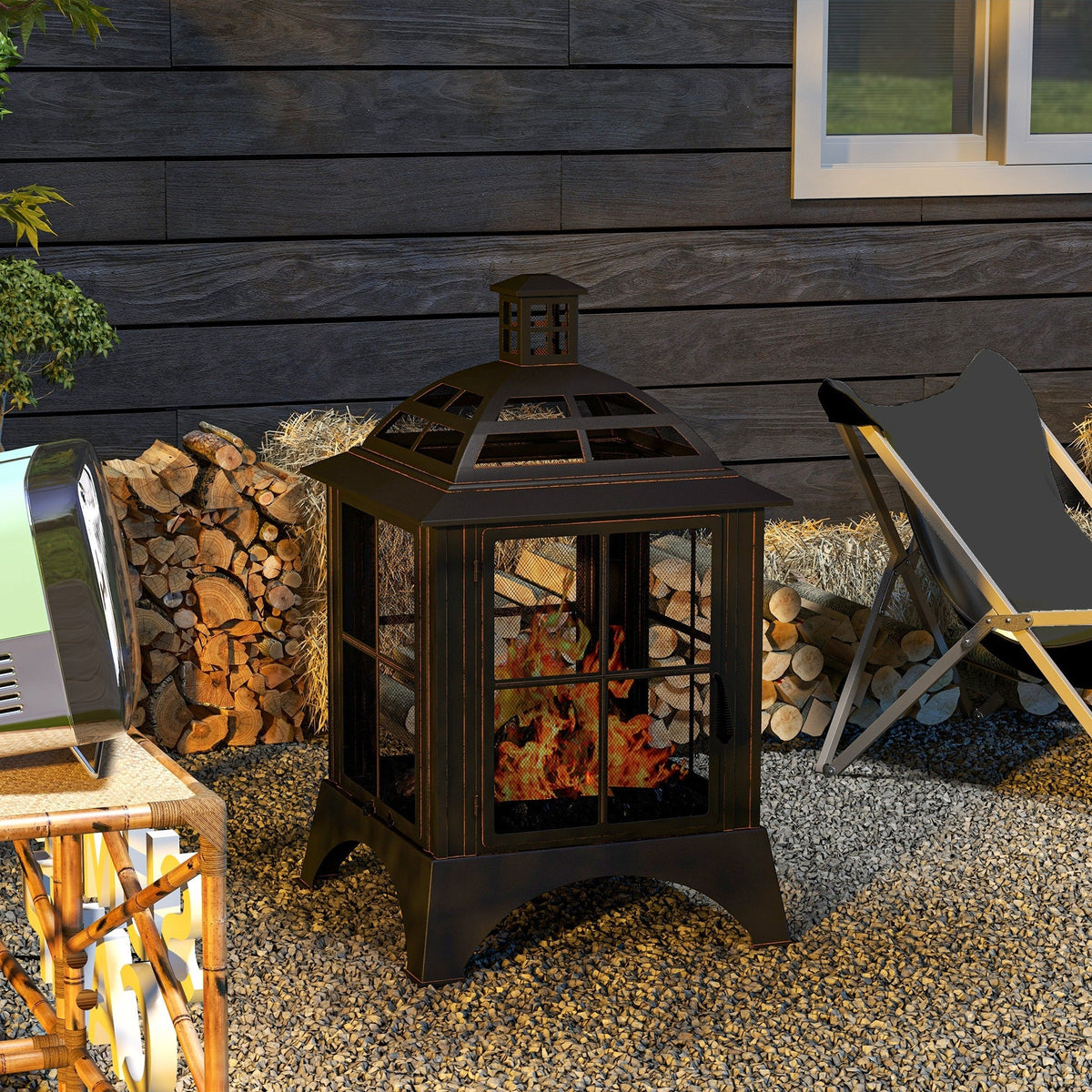 28" Fire Pit with Chimney Style, Outdoor Wood Burning Firepit w/ Spark Guard & Poker, Black