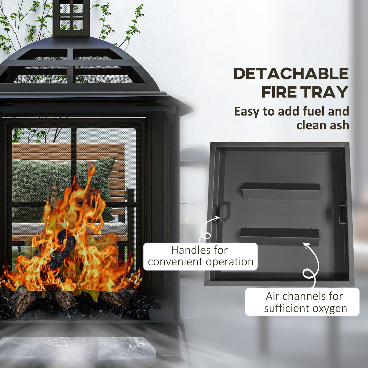 28" Fire Pit with Chimney Style, Outdoor Wood Burning Firepit w/ Spark Guard & Poker, Black