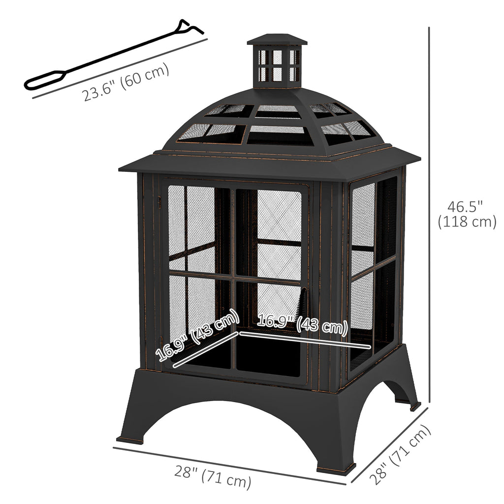 28" Fire Pit with Chimney Style, Outdoor Wood Burning Firepit w/ Spark Guard & Poker, Black