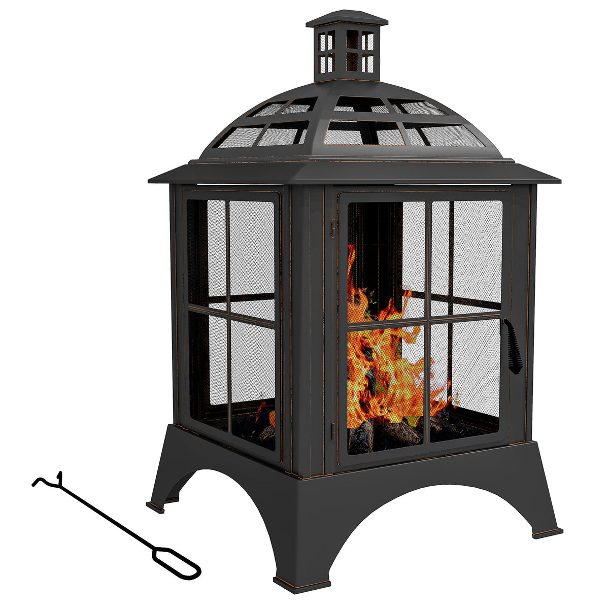 28" Fire Pit with Chimney Style, Outdoor Wood Burning Firepit w/ Spark Guard & Poker, Black