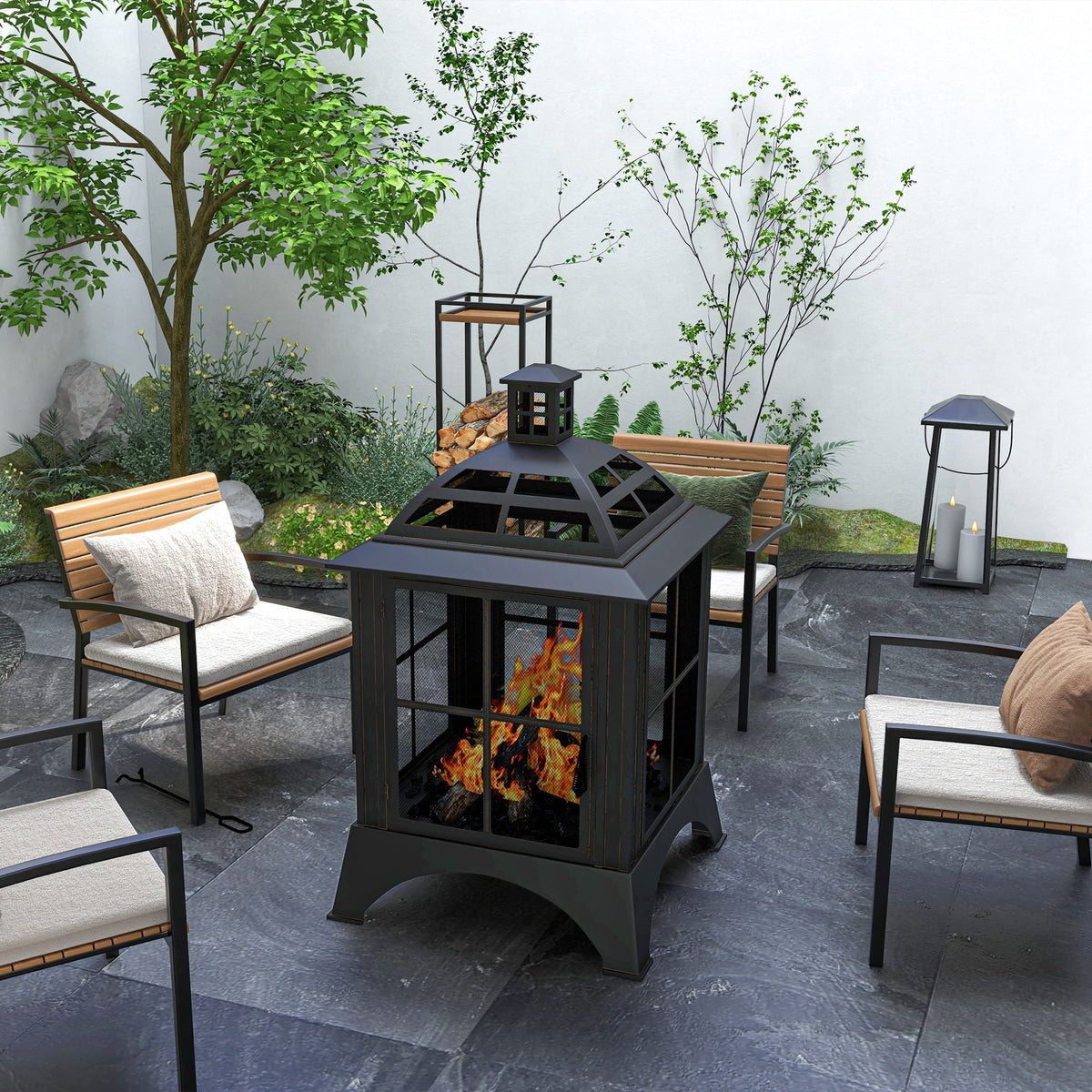 28" Fire Pit with Chimney Style, Outdoor Wood Burning Firepit w/ Spark Guard & Poker, Black