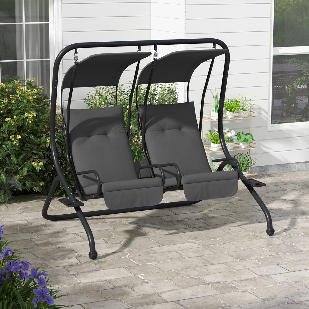Outdoor Swing Glider with 2 Separate Seats, Removable Canopy & Cup Holders, Grey