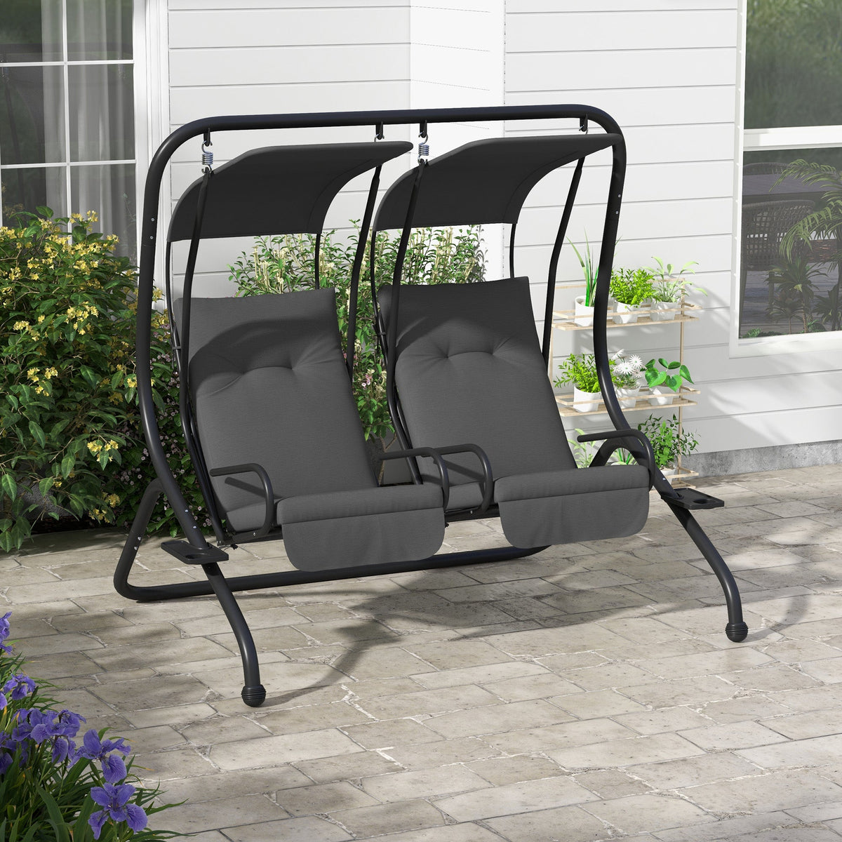 Outdoor Swing Glider with 2 Separate Seats, Removable Canopy & Cup Holders, Grey