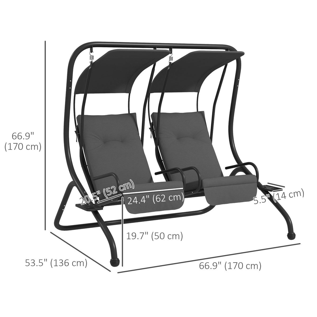 Outdoor Swing Glider with 2 Separate Seats, Removable Canopy & Cup Holders, Grey