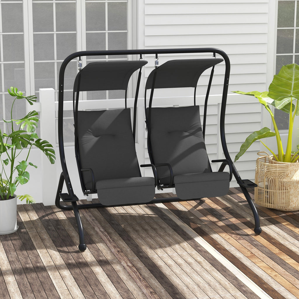 Outdoor Swing Glider with 2 Separate Seats, Removable Canopy & Cup Holders, Grey