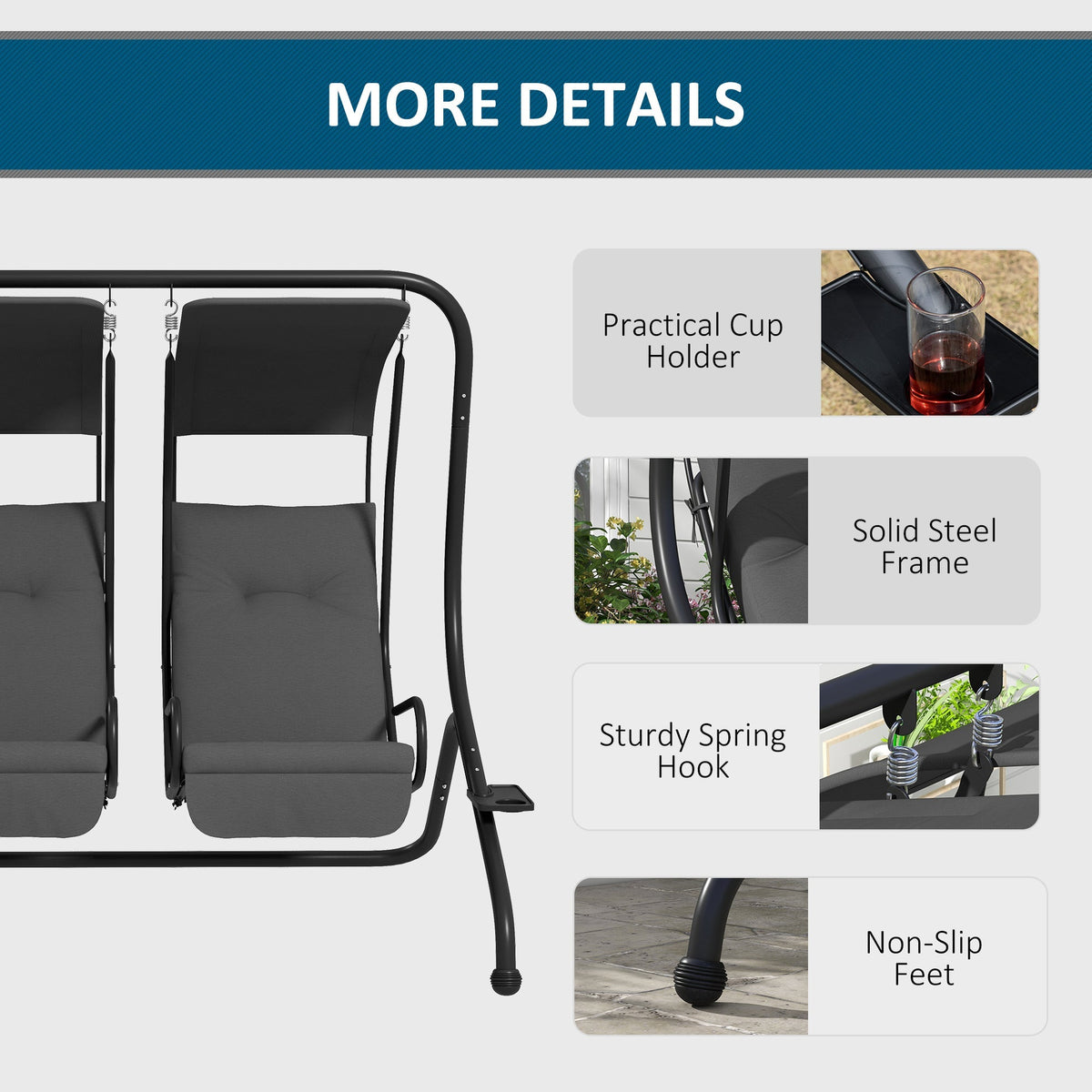 Outdoor Swing Glider with 2 Separate Seats, Removable Canopy & Cup Holders, Grey