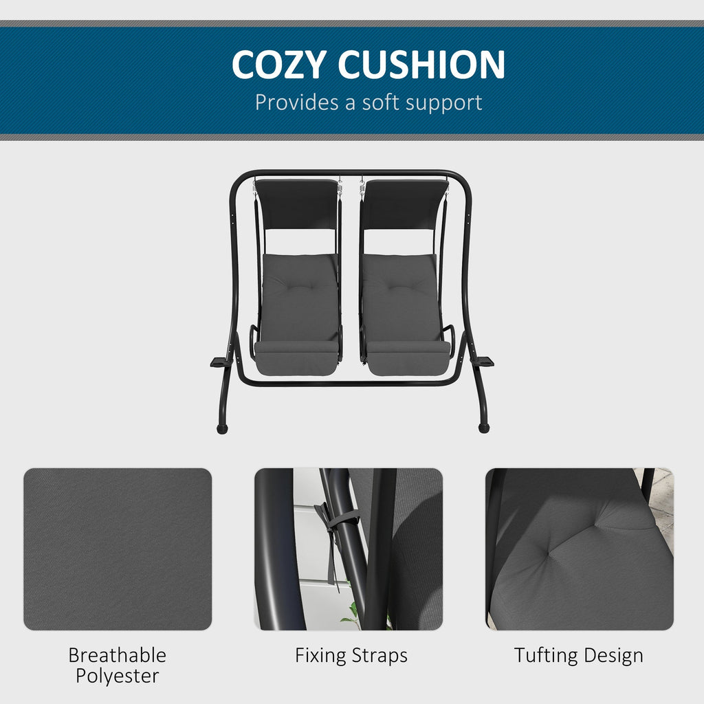 Outdoor Swing Glider with 2 Separate Seats, Removable Canopy & Cup Holders, Grey