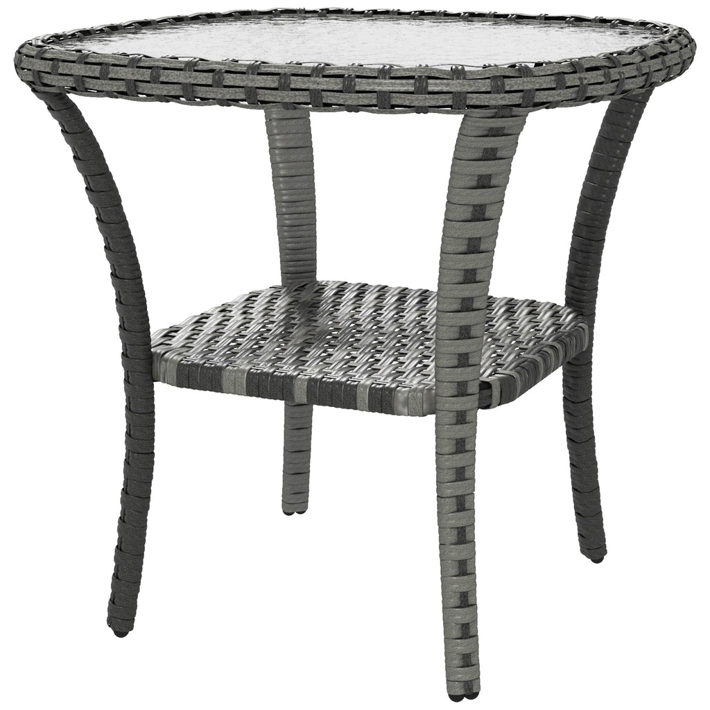 Rattan Coffee Table with Storage Shelf and Glass Top, Mixed Grey