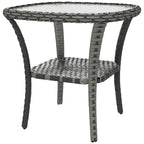 Rattan Coffee Table with Storage Shelf and Glass Top, Mixed Grey
