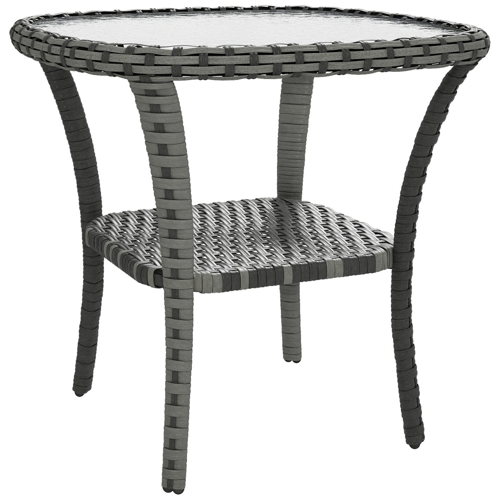 Rattan Coffee Table with Storage Shelf and Glass Top, Mixed Grey