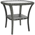 Rattan Coffee Table with Storage Shelf and Glass Top, Mixed Grey