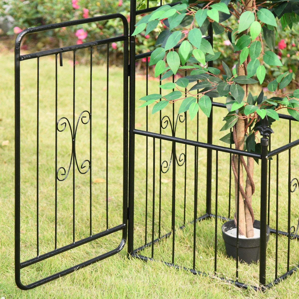 Metal Garden Arbor Arch with Double Doors & 2 Side Planter Baskets, for Climbing Plants, Vine, Black
