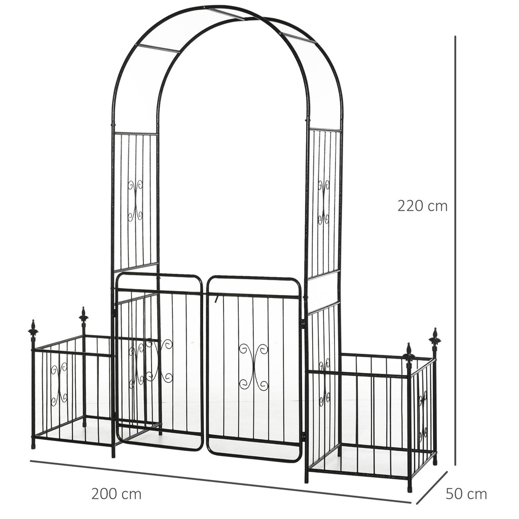 Metal Garden Arbor Arch with Double Doors & 2 Side Planter Baskets, for Climbing Plants, Vine, Black