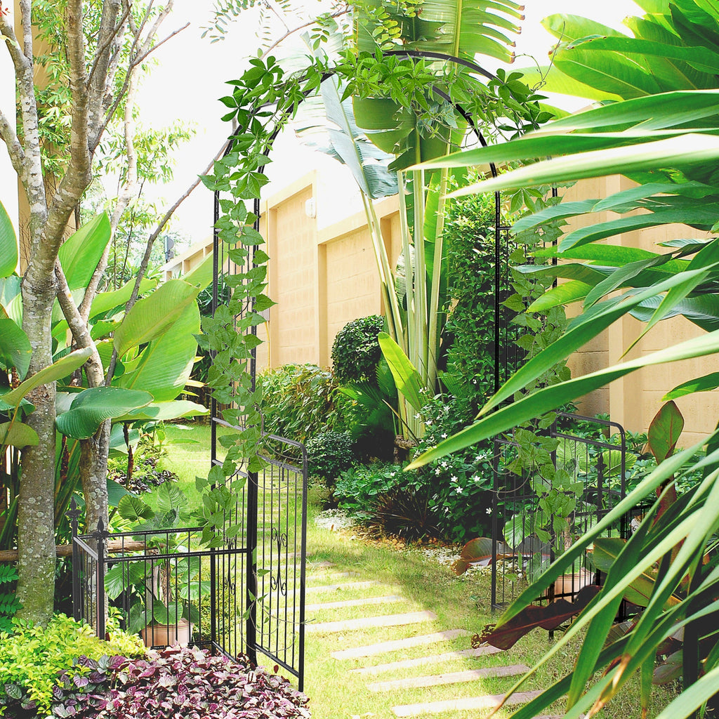 Metal Garden Arbor Arch with Double Doors & 2 Side Planter Baskets, for Climbing Plants, Vine, Black