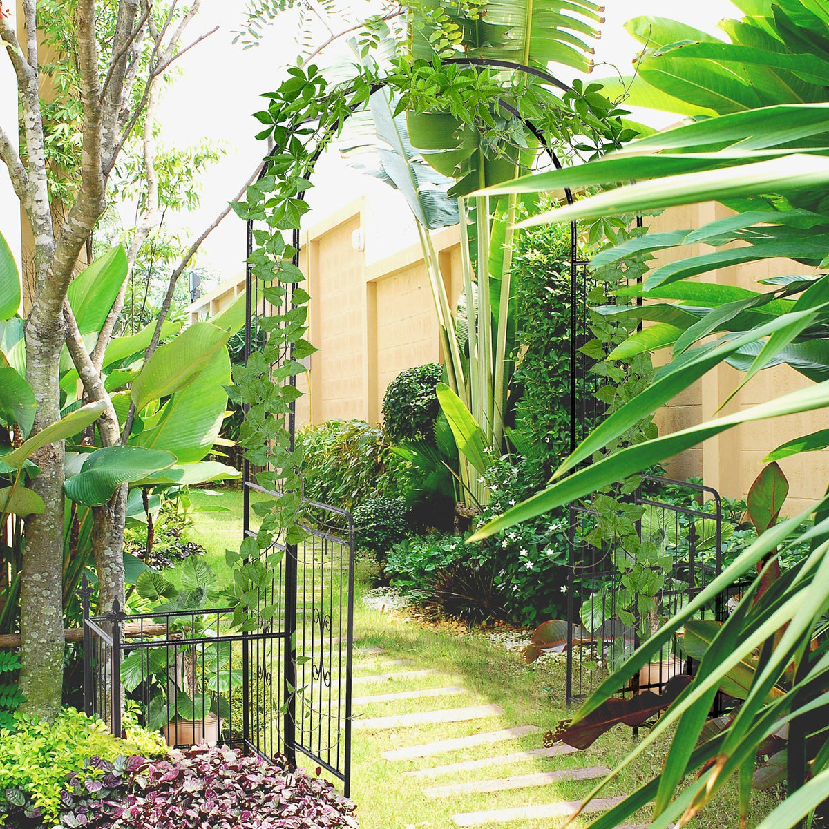 Metal Garden Arbor Arch with Double Doors & 2 Side Planter Baskets, for Climbing Plants, Vine, Black