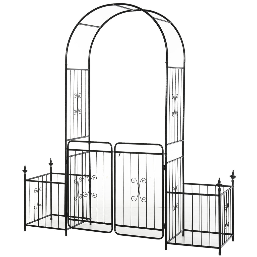 Metal Garden Arbor Arch with Double Doors & 2 Side Planter Baskets, for Climbing Plants, Vine, Black