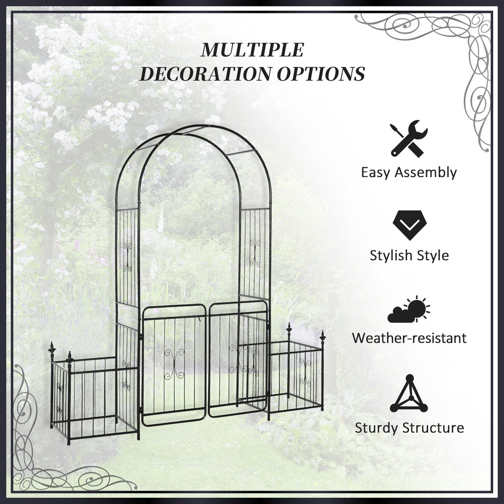 Metal Garden Arbor Arch with Double Doors & 2 Side Planter Baskets, for Climbing Plants, Vine, Black
