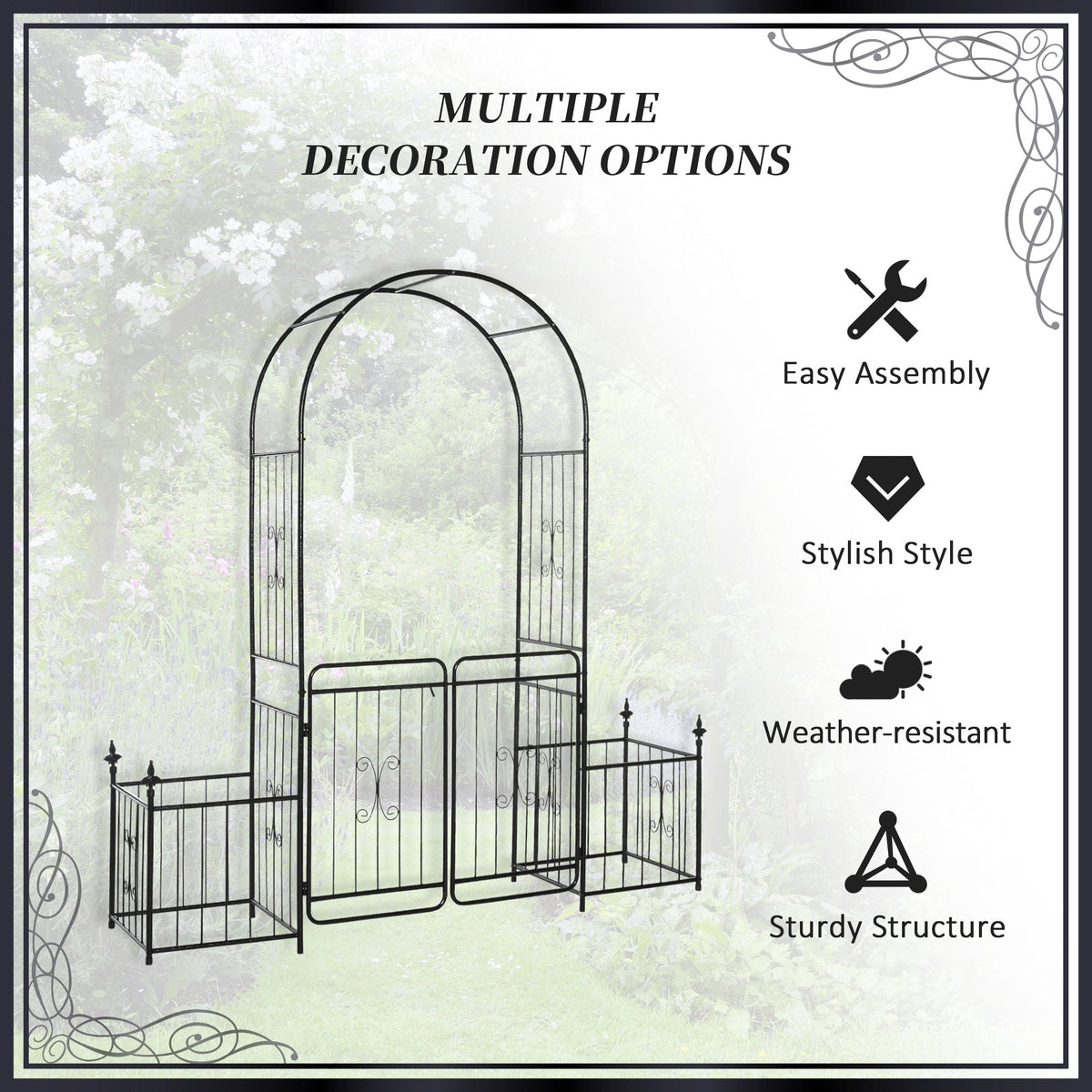Metal Garden Arbor Arch with Double Doors & 2 Side Planter Baskets, for Climbing Plants, Vine, Black