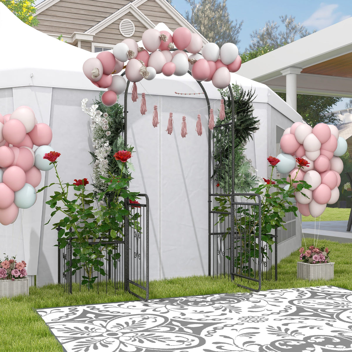Metal Garden Arbor Arch with Double Doors & 2 Side Planter Baskets, for Climbing Plants, Vine, Black