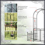Metal Garden Arbor Arch with Double Doors & 2 Side Planter Baskets, for Climbing Plants, Vine, Black