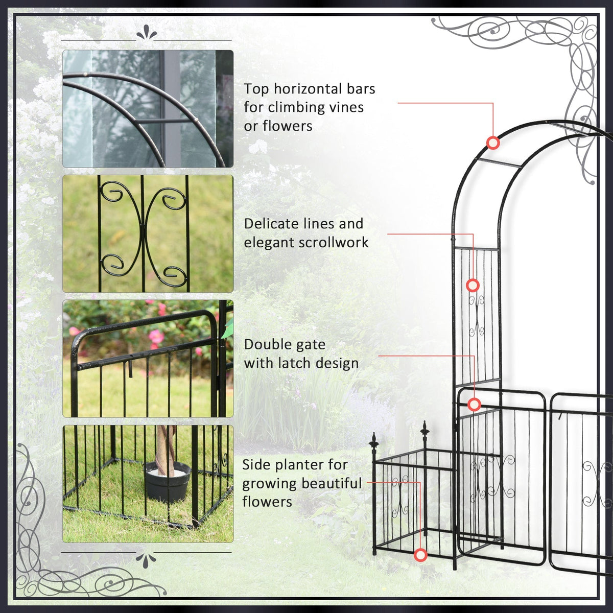 Metal Garden Arbor Arch with Double Doors & 2 Side Planter Baskets, for Climbing Plants, Vine, Black