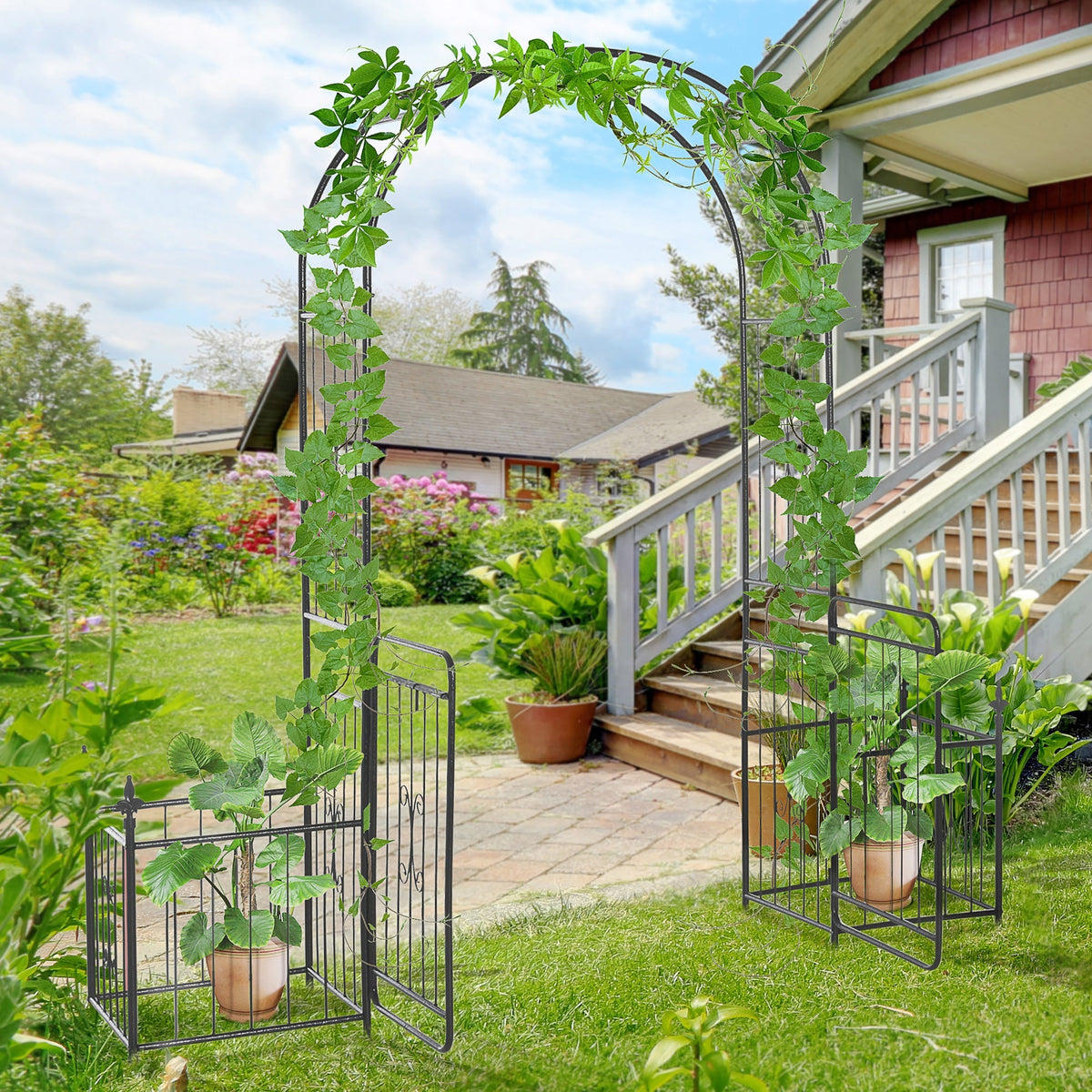 Metal Garden Arbor Arch with Double Doors & 2 Side Planter Baskets, for Climbing Plants, Vine, Black