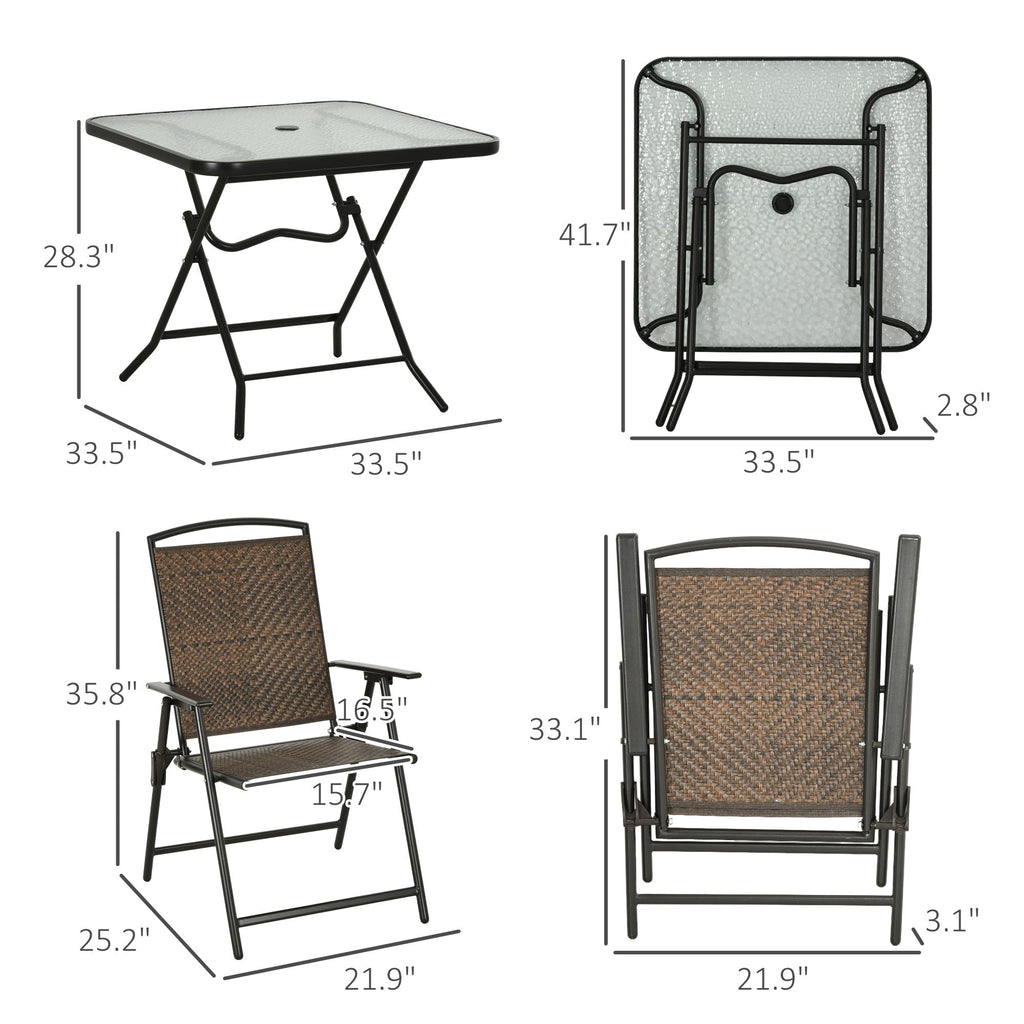 5 Pieces Wicker Patio Dining Set, Foldable Outdoor Table and Chairs, Dark Brown