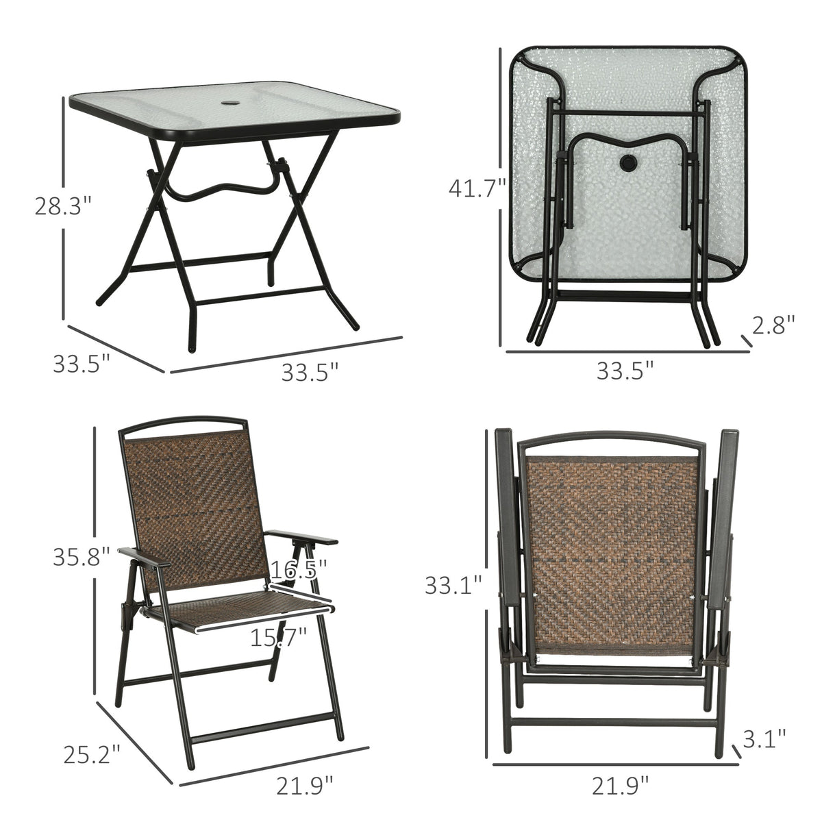 5 Pieces Wicker Patio Dining Set, Foldable Outdoor Table and Chairs, Dark Brown