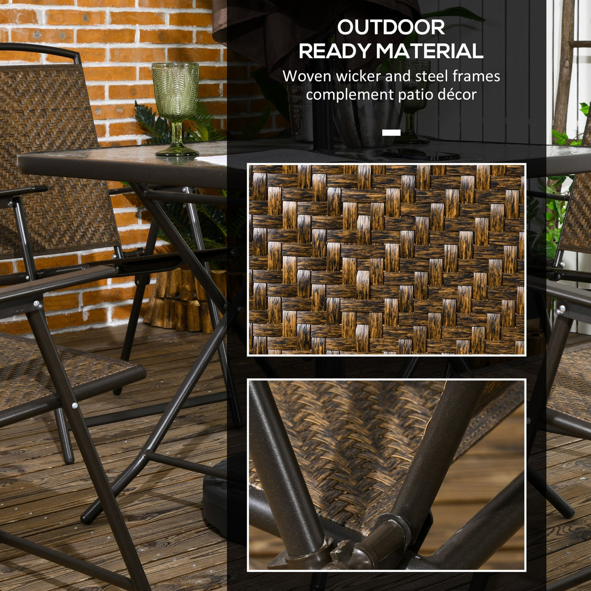 5 Pieces Wicker Patio Dining Set, Foldable Outdoor Table and Chairs, Dark Brown