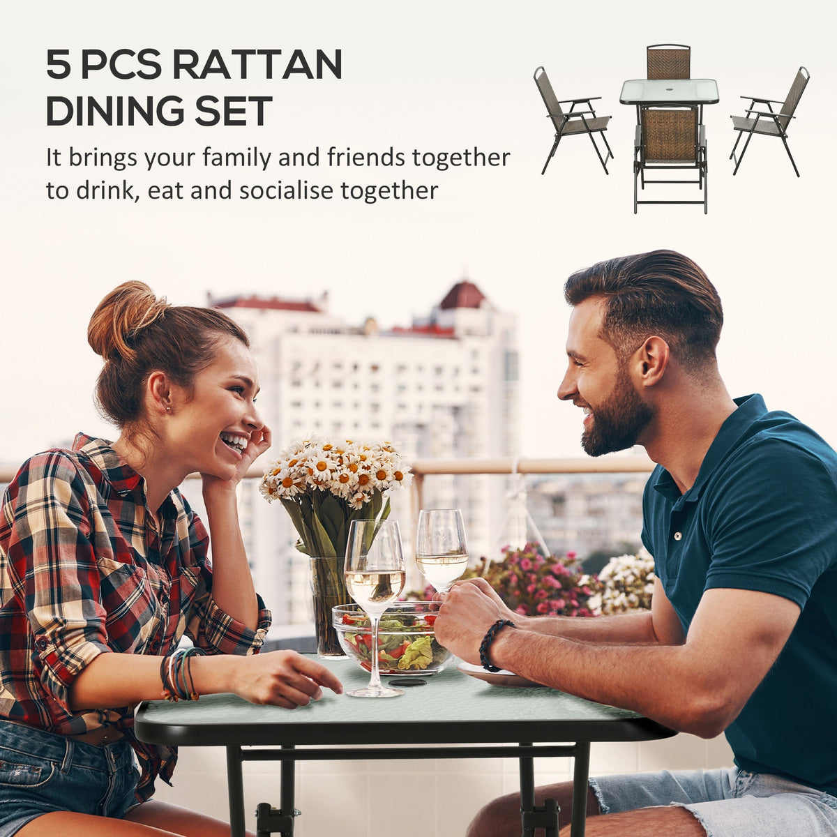 5 Pieces Wicker Patio Dining Set, Foldable Outdoor Table and Chairs, Dark Brown